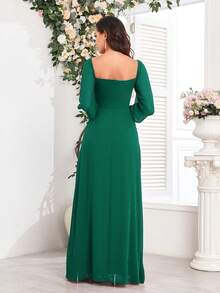Women's Off-Shoulder High Slit Chiffon A-Line Bridesmaid Dress, Cocktail Dress, Wedding Guest Dress, Suitable For Weddings, Graduations, Formal Dinners And Other Occasions - Dark Green - View 7