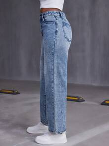 Calça jeans reta e solta casual para meninas adolescentes, versátil para todas as estações - Lavagem leve - Ver 7