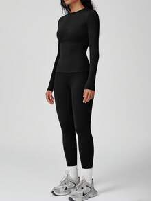 Yefecy Women's Basic Crop Top & Leggings Set Breathable Cotton Linen Blend High Waist Loose Fit Gym Casual Essentials - Black - View 6