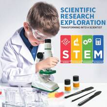 SCIENCE HORSE 200X-1200X 放大倍数儿童显微镜套装 - LED 灯，便携盒 - 适合 6-12 岁儿童的科学实验玩具 / 塑料材质，适合居家玩耍、旅行、生日派对、节日礼物、课堂教育和亲子互动