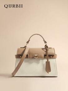 QURBII 1pc Small Fashionable Faux Leather & Fabric Patchwork Handbag, Elegant Tote Bag, Lockable Rivet Decor Strap Small Square Bag, Detachable Shoulder Strap, Crossbody Bag, Suitable For Women Office, Commute, Date, Shopping, Casual, Vacation, Beach, Music Festival, Party, Wedding, School