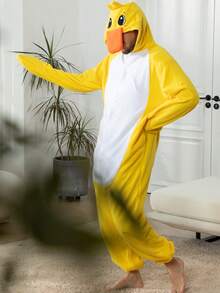 Adult Men's Duck Velvet Cartoon One-Piece Pajamas, Autumn And Winter Thickened Animal One-Piece Pajamas, Hooded Velvet Warm Home Clothes, Halloween Costumes, Christmas Role-Play Party Costumes - Yellow - View 3