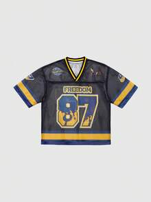 INFLATION 男式镂空网眼数字印花V领短袖针织短款上衣T恤 - 彩色 - 查看 1