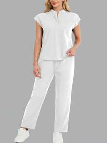 cimmuovere Conjunto de uniforme de top holgado sin mangas de cuello alto y pantalones con múltiples bolsillos prácticos para tallas grandes - Blanco - Ver 4
