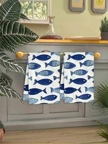 1/2/4条装厨房毛巾，高吸水性，涤纶材质，蓝白鱼图案，是假日农舍厨房和浴室装饰、秋季装饰、房间装饰的理想之选。 - 藍色 - 查看 5