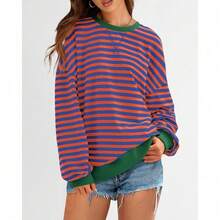 Womens Oversized Striped Sweatshirt Crewneck Long Sleeve Pullover Top Casual Y2K Spring Clothes 2026 Workout Shirt,Vacation Outfits Women,Valentine Outfits For Women,Street Photography - 皇家藍橙色 - 查看 4