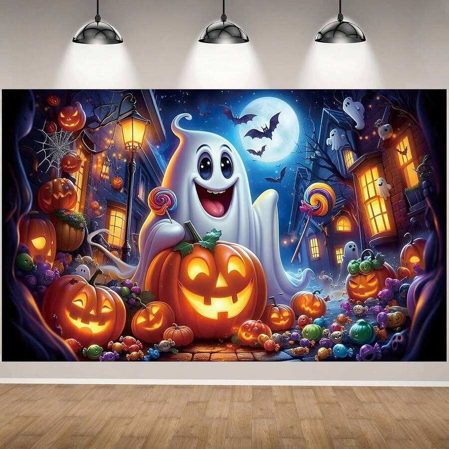 1pc Halloween Party Background Banner - Horror Pumpkin, Ghost, Full Moon, Graveyard, Bat, Spider Background - Multipurpose Indoor And Outdoor Decoration, Photo Background, Scene Decoration, Halloween Party Decoration Props - Multicolor - View 1