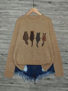 Cat Print Loose Fit Crew Neck Casual Sweater Fall - Brown - View 2