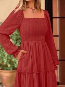 PRETTYGARDEN Women Elegant  Maxi Dresses For Fall Boho Long Sleeve Smocked A Line Ruffle  Wedding Guest Holiday Party Long Dress With Pockets New Years Valentine Vacation Spring Dresses For Women Vestidos Elegantes De Mujer - 紅色 - 查看 9