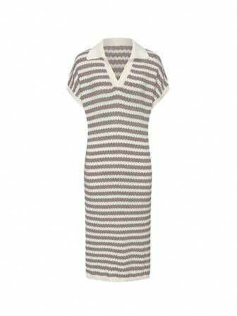 Joy Knit 秋冬时尚新品 - 秋装 - 返校简约舒适 - 黑白条纹撞色女式针织连衣裙 - 翻领V领宽松开衩设计舒适基本款毛衣裙 - 女士办公室装 - 外出上衣 - 旅行机场装