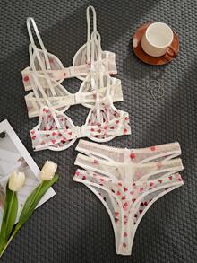 Set de 3 piezas de sujetador con aros, de unicolor, con estampado de corazón y flor, y decoración de lazo, cómodo para mujeres - Blanco - Ver 2