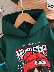 Young Boy Hooded Sweatshirt In Olive Green, Graphic Pattern + "NEVER STOP" Slogan, Street Style, Suitable For Street Dance Performance, Hanging Out With Friends, Releasing Kids' Energy, Spring/Autumn/Winter - Green - View 3