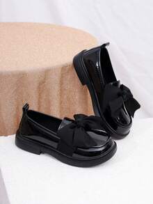 Girls' Bowknot Leather School Shoes, Children Princess Shoes, British Style Black Flats, Soft Sole Student Performance Shoes