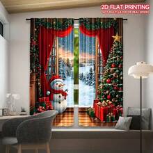2 piezas Cortinas navideñas con escena de Papá Noel y muñeco de nieve, fondo de madera rústica, diseño de árbol de Navidad y regalo - Poliéster semi-transparente, con ojales para varilla, adecuado para fiestas navideñas y celebraciones de invierno, decoración navideña