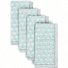 Over&Back Hand-Blocked Printed Cotton Cloth Napkins - Washable Napkins Set For Mixing, Matching, And Creating A Custom Home Decor Tablescape - Taupe Arch - Blue Leaf - 查看 1