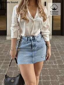 Mobula Sound# 时尚日常休闲牛仔裙，做旧水洗，百搭春夏季，日常穿着，旅行，机场穿 - 藍色 - 查看 1