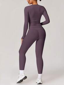 NcmRyu 1套女士弹力提拉塑身性感长袖和长裤运动服 - 紫色 - 查看 8