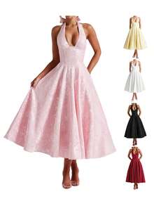 Women Evening Gowns Jacquard Halter Dress Elegant Low Cut Sleeveless Open Back A-Line Long Dress For Evening Party Club - 粉色 - 查看 6