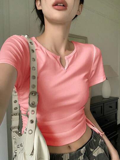 女式纯色缺口领短袖抽绳T恤，夏季