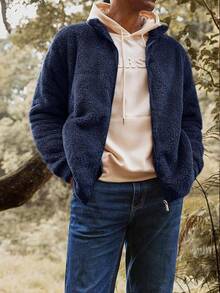 Mens Fuzzy Sherpa Jacket Cardigan Fleece Long Sleeve Full Zip Open Front Thermal Coat Fall Winter Outwearhalloween - 海軍 - 查看 9