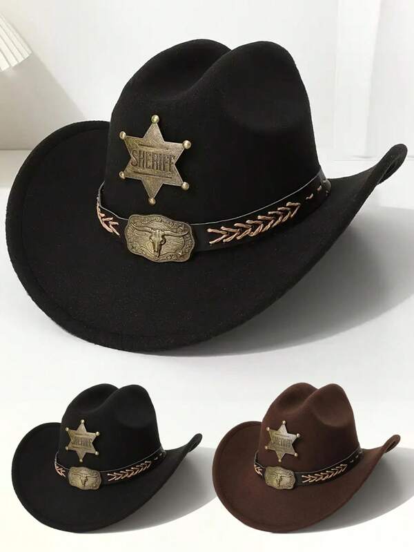 1Pc Unisex Western Cowboy Top Hat With A Sheriff's Star Badge And Bronze Bull Head Accessory, Suitable For Back To School Season, Cowboy Themed Events, Birthday Parties, Role-Playing, Outdoor Activities, And Daily Use. Top Hat