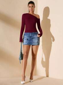 Women's Minimalist Asymmetric Shoulder Long Sleeve Fitted T-Shirt Top, Everyday Wear, Fall/Winter - 酒紅色 - 查看 3