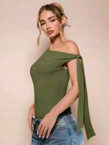 Women's Bodysuit With Tie Bow And Asymmetrical Neckline, Sleeveless, Ideal For Romantic Dates, Casual, Vacation And Summer - 軍綠色 - 查看 5