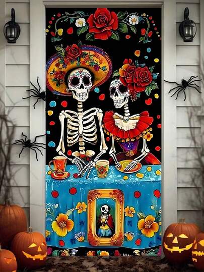 2D Door Flag, Day Of The Dead Mexican Style Halloween Door Flag, Vivid Mexican Style Skeleton Couple With Rose And Cup Design, Suitable For Year-Round Hanging, No Power Needed, Perfect For Holiday And Home Entrance Decor, Holiday Entrance Decor | Vivid Door Flag | Durable Door Cover, Mexican Party Decor