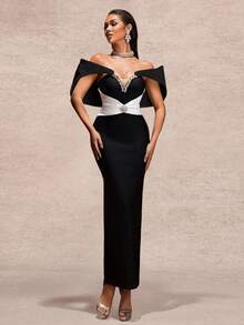 Elisanya 大码女士露肩撞色水钻装饰绷带晚礼服，优雅端庄，适合秋冬季 - 黑色 - 查看 5