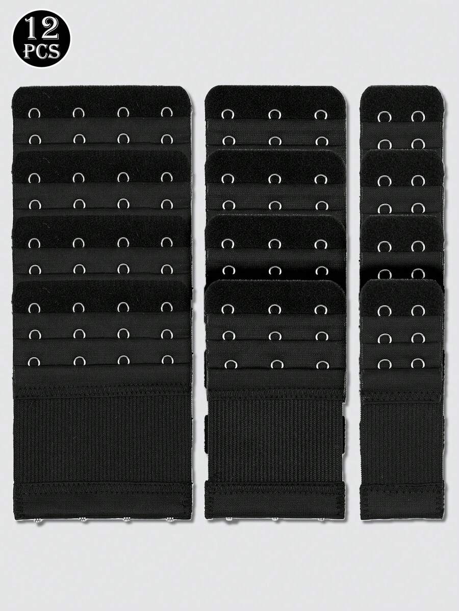 12 件弹性胸罩延长带，配有 2/3/4 个挂钩，可调节且舒适 - 黑色 - 查看 1