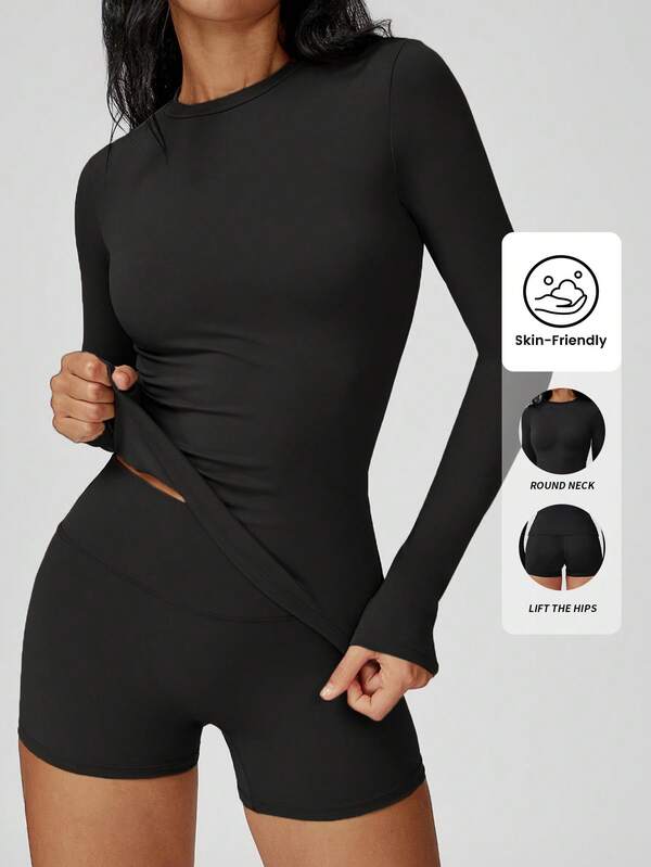 Yefecy Women's Solid Round Neck Compression Sports Tee, Quick Drying Long Sleeve Crop T-Shirt, Ladies Sportswear For Indoor Outdoor Tops, Activewear, Casual Sporty Top, Gymswear, Moisture Wicking Tee Gym T Shirts