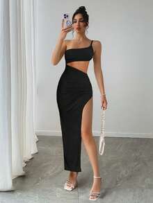 Summer Holiday Elegant Sling Wrap Bust Sleeveless Shoulder Cut Out Patch Asymmetric Side Split Midi Dress, Green