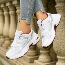 Women's Mesh Lace-Up Sneakers With Thick Sole And Cushioning, Suitable For Daily Running, Fitness And Commuting, Comfortable And Lightweight, Suitable For Various Occasions, And Practical For Basic Wear - Đỏ - Xem 2