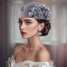 Women Pillbox Hat With Flowers Vintage British Style Derby Hats Felt Berets Fascinators Caps For Church Tea Party - Xám - Xem 1