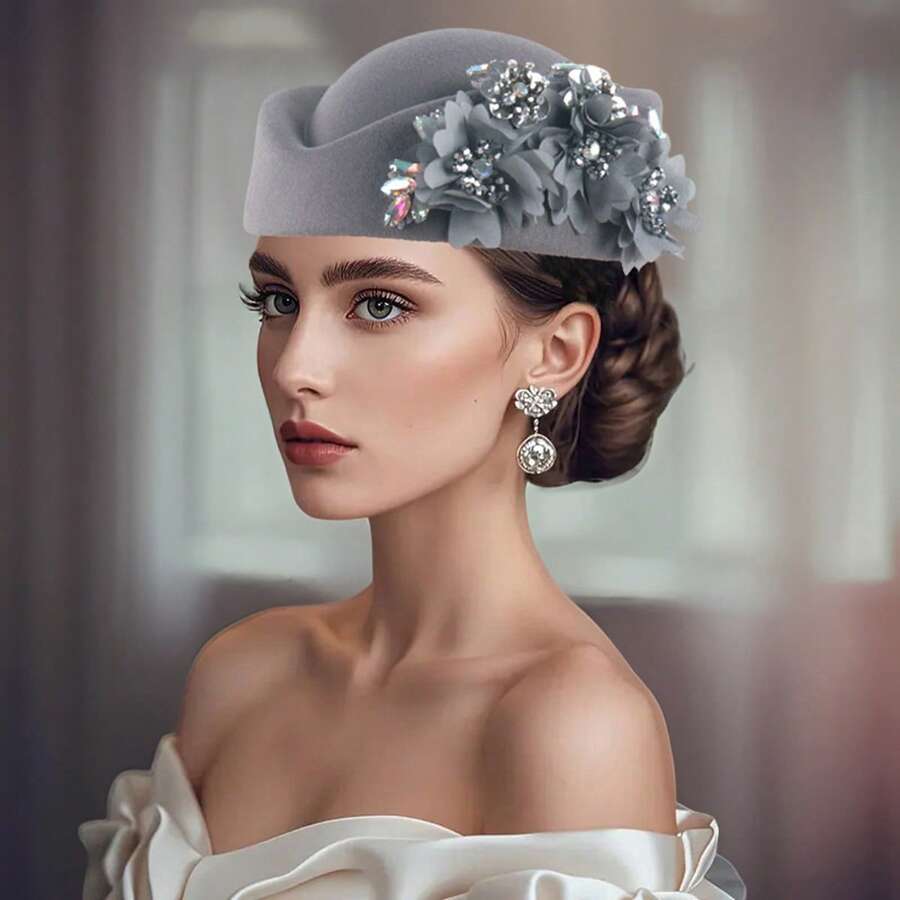 Women Pillbox Hat With Flowers Vintage British Style Derby Hats Felt Berets Fascinators Caps For Church Tea Party - Xám - Xem 1
