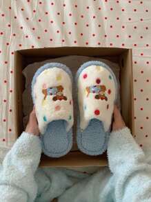 XIXITIAO 1 双可爱波尔卡圆点狗卡通趣味毛绒家居拖鞋，时尚舒适铃铛小狗波尔卡圆点图案平底鞋，男女通用保暖一脚蹬拖鞋 - 藍色 - 查看 8