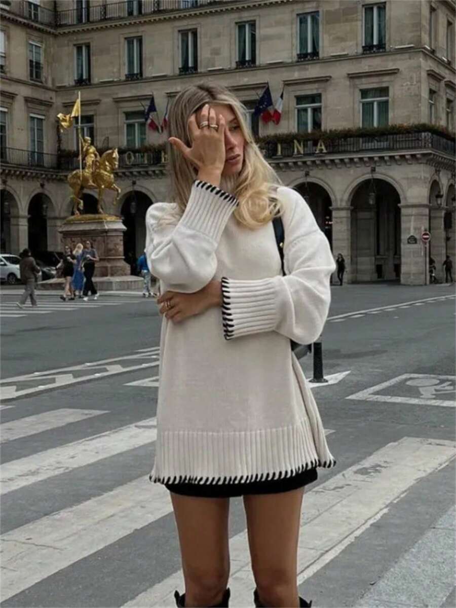 Jersey de manga larga de punto acanalado de longitud regular para mujer, jersey de cuello redondo con ribete de contraste, tela ligeramente elástica - Blanco - Ver 1