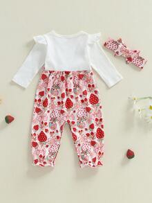 Baby Girl Fall Outfits Fake Two Piece Strawberry Print Crew Neck Long Sleeve Romper And Bow Headband 2 Pcs Set - Đỏ - Xem 4