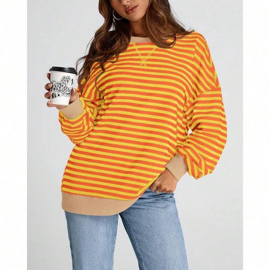 Womens Oversized Striped Sweatshirt Crewneck Long Sleeve Pullover Top Casual Y2K Spring Clothes 2026 Workout Shirt,Vacation Outfits Women,Valentine Outfits For Women,Street Photography - Yellow Orange - 查看 1