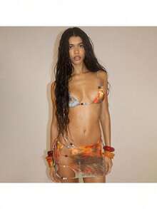 2025 Summer New Women's Fashion Retro Bohemian Style Printed Sexy Mesh Lace-Up Bikini Three-Piece Set - 彩色 - 查看 3
