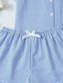 2 件大码女式舒适蓝白条纹印花短袖 Polo 领上衣和蝴蝶结短裤睡衣套装，夏季家居服 - 藍白色 - 查看 6