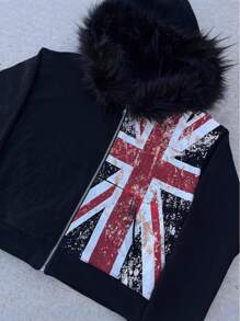 Spring And Autumn Fur Collar Top Cardigan Hooded Sweatshirt Print, Unisex Retro Loose Casual Sweatshirt Jacket - 黑色 - 查看 2