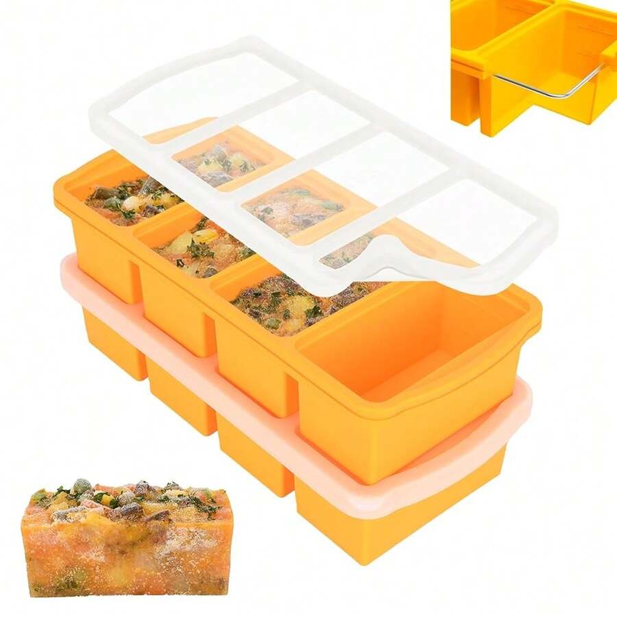 Silicone Freezer Trays With Lid,1-Cup Soup Freezer Container Large Ice Cube Molds With Reinforced Steel Ring Top For Freezing Soup Sauce Broth Leftovers Oven Dishwasher -Safe(2-Pack)-819583 - Màu vàng - Xem 1