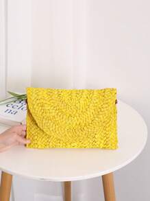 1个草编手拿包，女士夏季沙滩草编化妆包，翻盖信封手拿包，手工编织包，零钱包，女士钱包，手拿包，玉米皮包