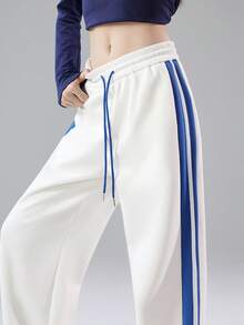 JUTU 条纹宽松白蓝拼接直筒裤，垂坠喇叭裤，复古街头风，春秋款 - 1A55白拼藍 - 查看 9