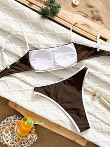 Women Simple Spliced Tie Back Sexy Girls Bikini Set High Waist Bathing Suits Beach Outfit Female Swimwear Coffee Color Backless Larger Size