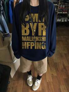 女士宽松卡通印花长袖T恤，适合春秋季休闲穿着 - 藏蓝色 - 查看 1