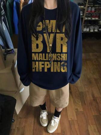 女性用ルーズフィットカートゥーンプリント長袖コットンTシャツ、春秋に活躍