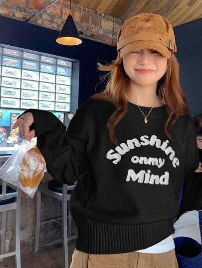 韩版柔软舒适刺绣字母宽松外套休闲长袖毛衣女秋冬可爱返校