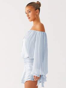 Womens 2025 Off Shoulder Flowy Mini Dress Smocked Long Sleeve Tie-Up Front Casual Elegant Corset Short Dresses - 藍色 - 查看 3